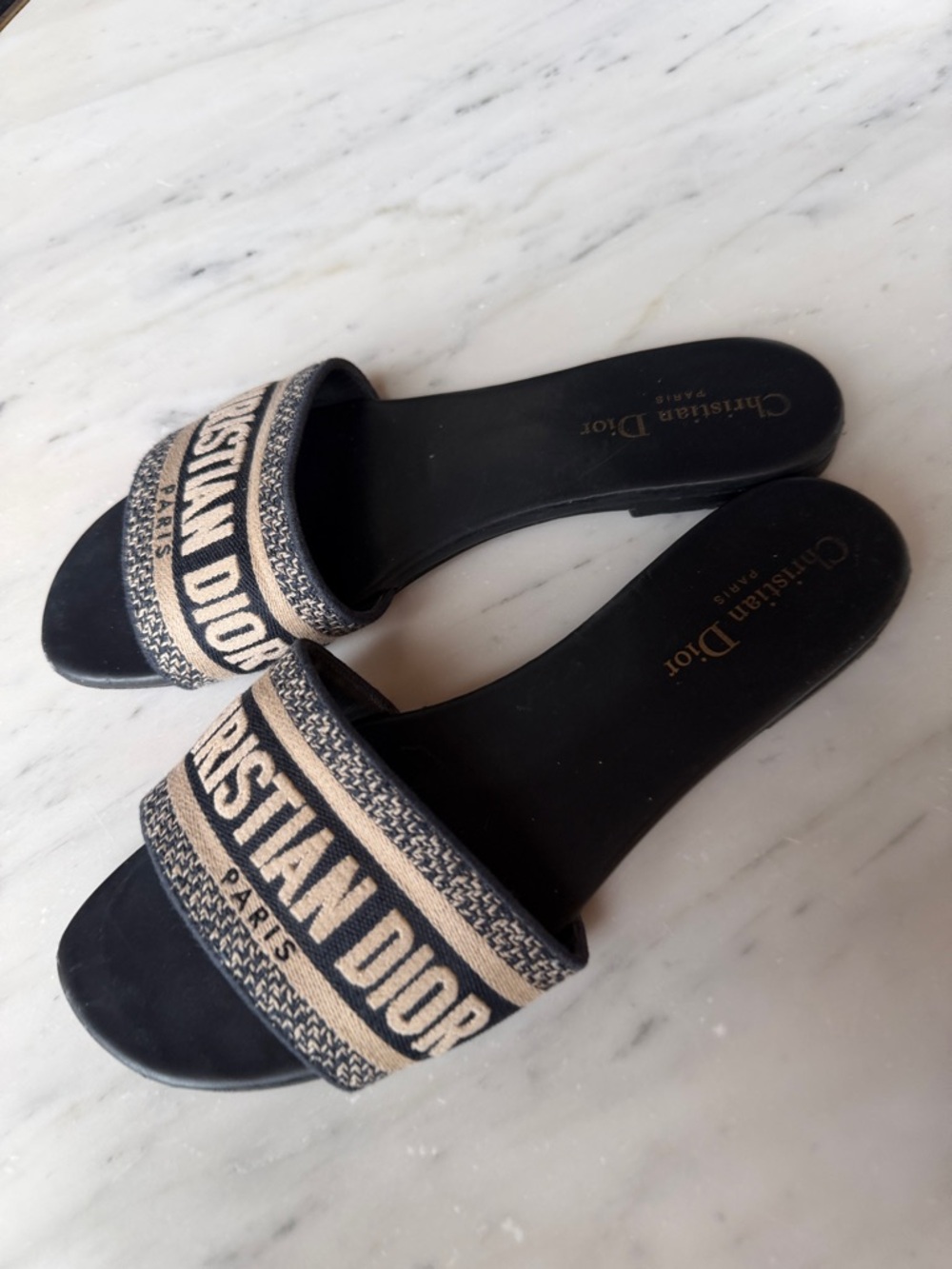 Christian Dior Black & Beige Logo Slide Sandals - Picture 2 of 2